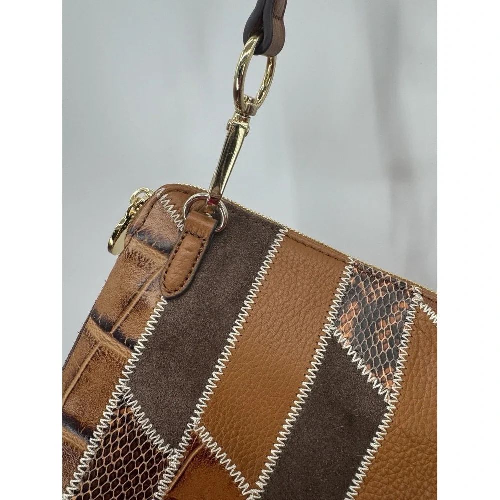 Genuine Leather Crossbody Bag Brown Medium Patchwork Snakeskin Boho Western